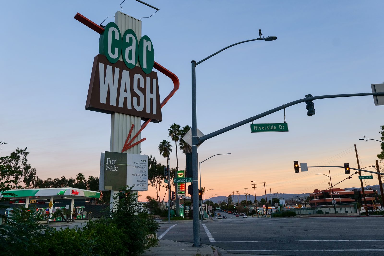 Retro car wash sign at sunset